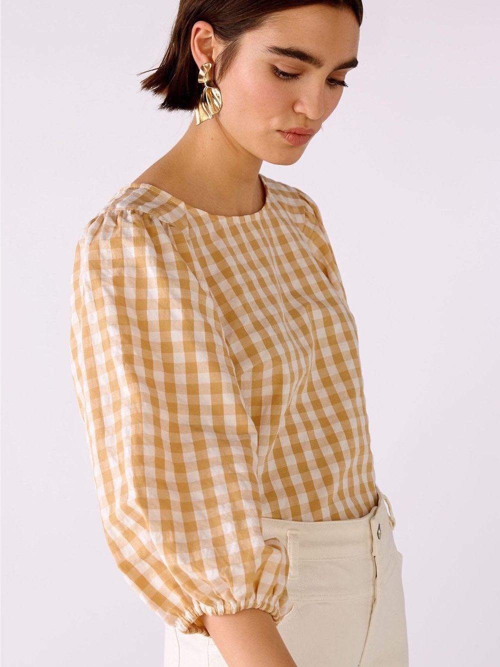 Oui TAN Gingham Puff-Sleeve Top - Picture 2 of 8